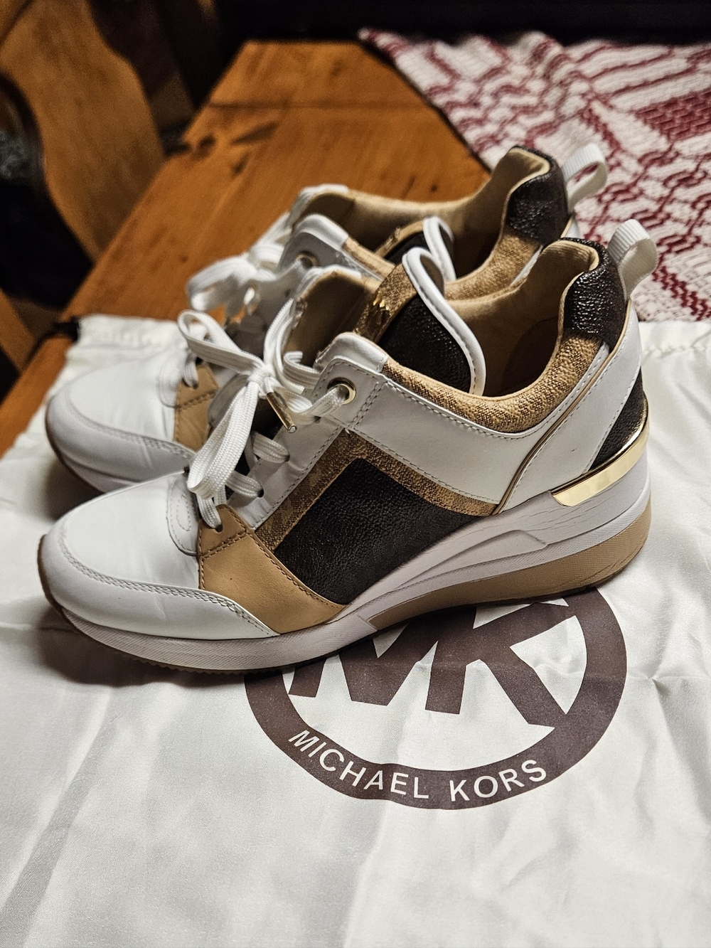 Michael Kors White, Gold & Black Wedge Leather Sneakers